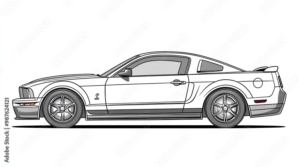 Fototapeta premium A black and white illustration of a classic sports car. The car is drawn in a simple, cartoon style.
