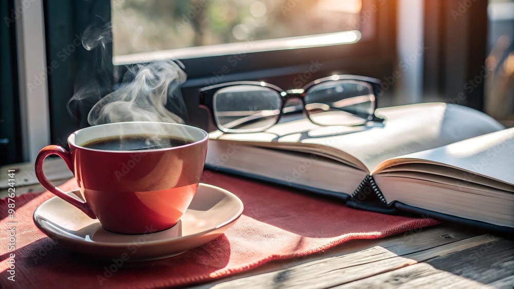 Steaming coffee cup with book and glasses by window, warm morning reading moment Steaming coffee cup with book and glasses by window, warm morning reading moment