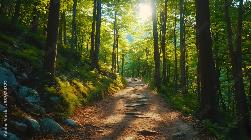 Obraz premium Sunlight Through Trees on a Forest Path Illustration