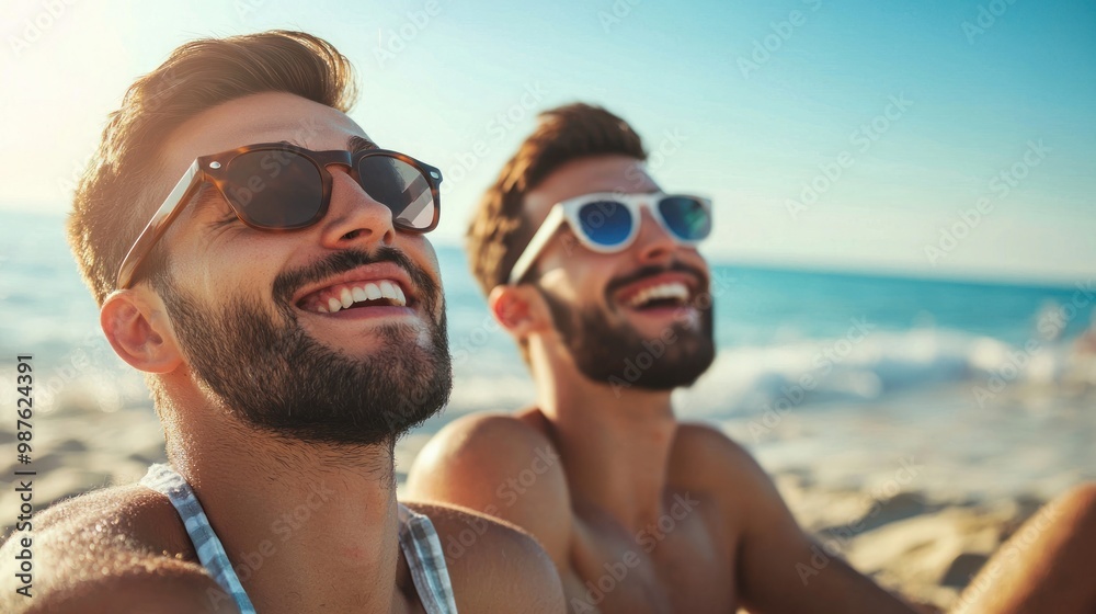 Obraz premium Happy young men relaxing on a beach, soaking up the sun.