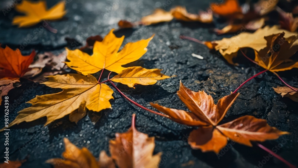 Colorful Autumn Leaves Scattered on a Dark Pathway During a Sunny Afternoon in the Park Colorful Autumn Leaves Scattered on a Dark Pathway During a Sunny Afternoon in the Park