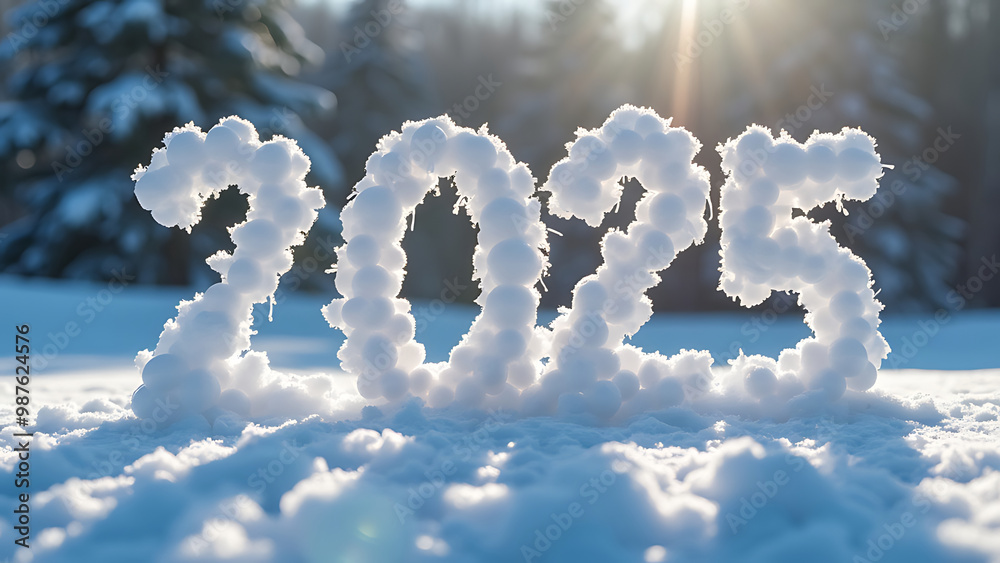 Naklejka premium The number 2025 is written in snow on a snow scene background
