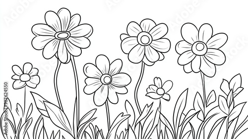 A simple black and white illustration of a cluster of flowers with leaves. Perfect for coloring pages or as a design element.