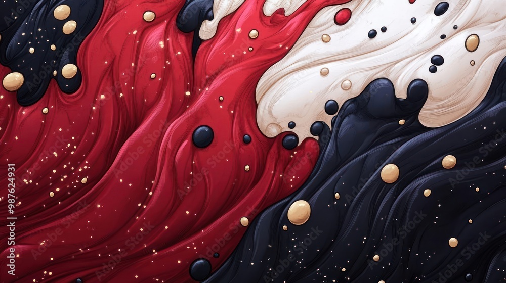 Abstract fluid art with swirling red, black, and white colors, accented by golden specks. Abstract fluid art with swirling red, black, and white colors, accented by golden specks.