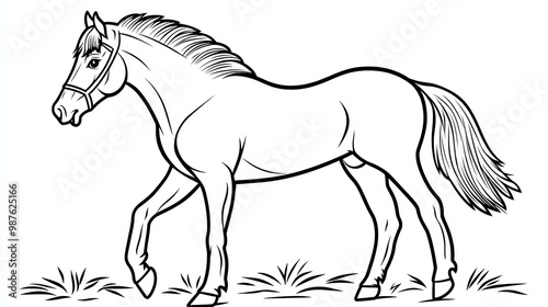 A black and white illustration of a horse with a bridle, standing in a field of grass. The horse is drawn in a simple, cartoon style.