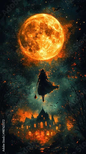 A mystical figure floats against a glowing orange moon above a fiery, haunted house, creating an enchanting, eerie atmosphere.