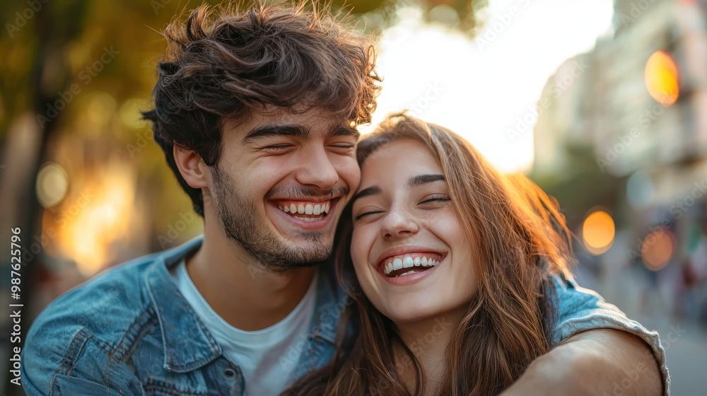 Hugging and laughing together, a young couple enjoys a joyful and loving interaction. Hugging and laughing together, a young couple enjoys a joyful and loving interaction.