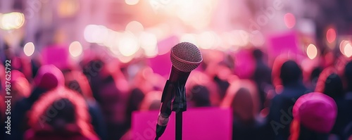 A microphone stands in the foreground, surrounded by a vibrant crowd holding signs, creating an atmosphere of protest or performance.