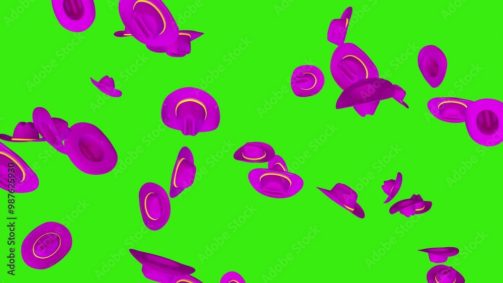 Rain of purple cowboy hats on a green screen. Country style concept. 3D animation. Rain of purple cowboy hats on a green screen. Country style concept. 3D animation.