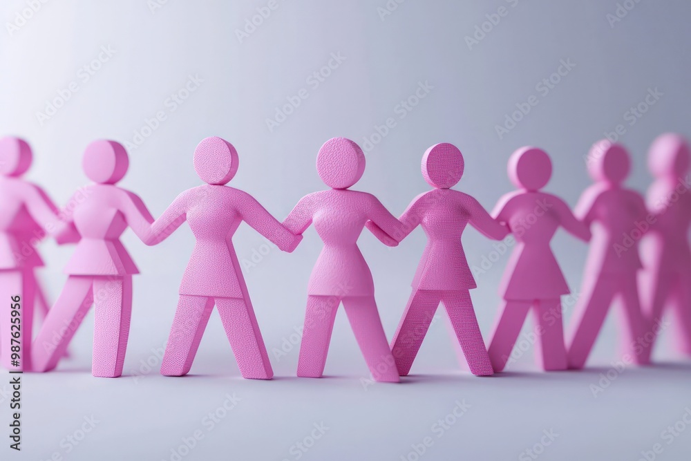 A group of pink paper dolls holding hands, symbolizing unity, diversity, and support among individuals. A group of pink paper dolls holding hands, symbolizing unity, diversity, and support among individuals.