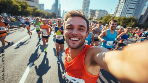 Young man marathon runner is taking a selfie picture while running a marathon, crowd of other runners and big city view in the background