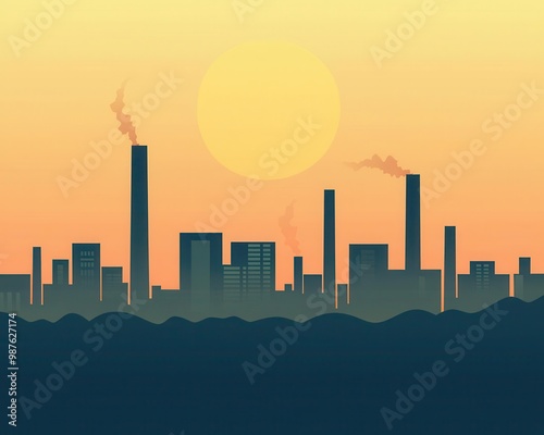 Minimalist depiction of a factory skyline, clean silhouettes and geometric forms, modern design