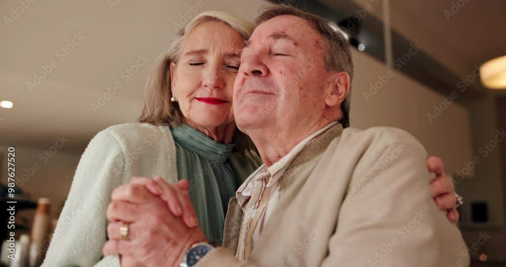 Happy, elderly couple and dance with love in house for marriage, care and bonding on anniversary. Man, woman and kiss with hug in celebration for commitment, connection and retirement romance at home Happy, elderly couple and dance with love in house for marriage, care and bonding on anniversary. Man, woman and kiss with hug in celebration for commitment, connection and retirement romance at home