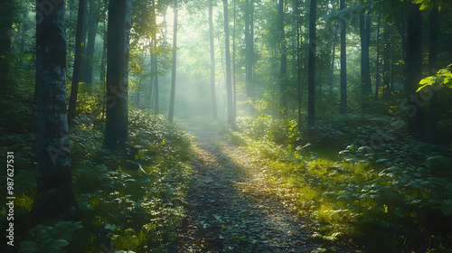 Sunbeams Through the Trees Realistic Forest Illustration