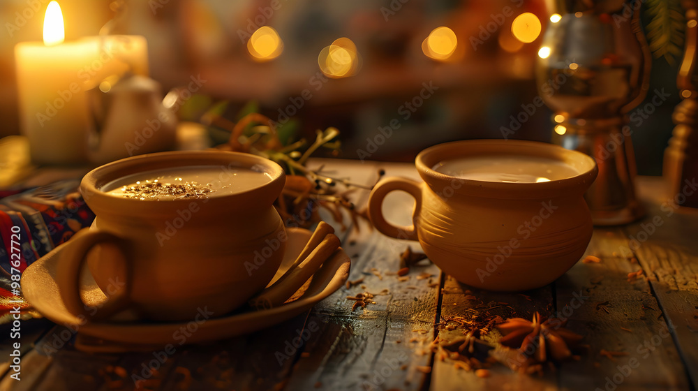 Fototapeta premium Warm Clay Cups of Tea with Spices and Candlelight