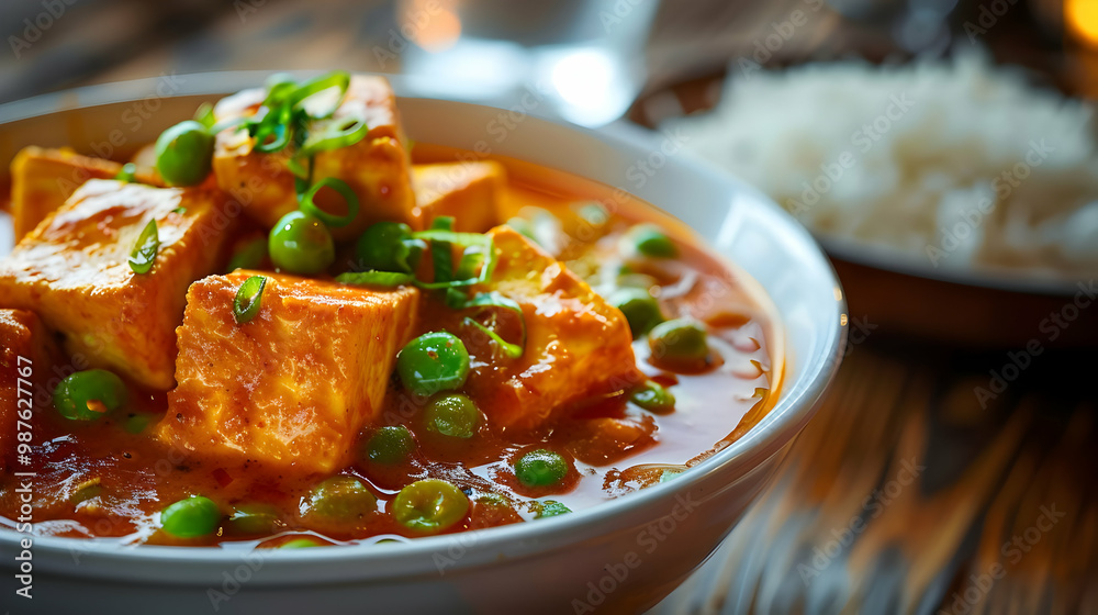 Close-up of a Delicious Indian Paneer Curry with Green Peas Close-up of a Delicious Indian Paneer Curry with Green Peas
