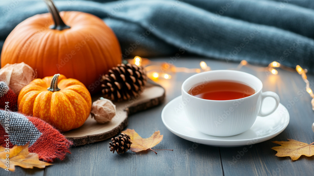 Warm autumn scene with cup of tea, pumpkins, and cozy decorations Warm autumn scene with cup of tea, pumpkins, and cozy decorations