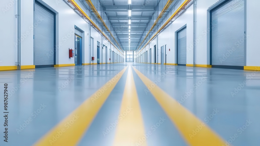 Interior of a high-tech manufacturing plant, minimalist design with clean surfaces and organized machinery Interior of a high-tech manufacturing plant, minimalist design with clean surfaces and organized machinery