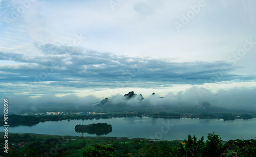 Landscape of Mountain and lake scenery at sunrise at Phu Sap Lek, Lopburi, Thailand photo