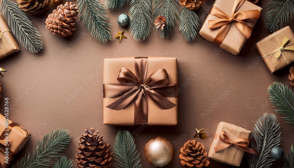 Festive Gift Box Mockup Featuring a Hyper Realistic Top View Scene with Wrapped Gifts, Pinecones, and Shimmering Christmas Ornaments Framing the Edges. Graphic art illustration Festive Gift Box Mockup Featuring a Hyper Realistic Top View Scene with Wrapped Gifts, Pinecones, and Shimmering Christmas Ornaments Framing the Edges. Graphic art illustration