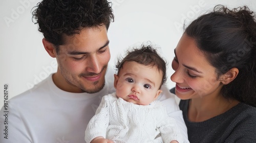 In a studio setting, a young family poses with their baby, using a white background to emphasize their affection and unity.