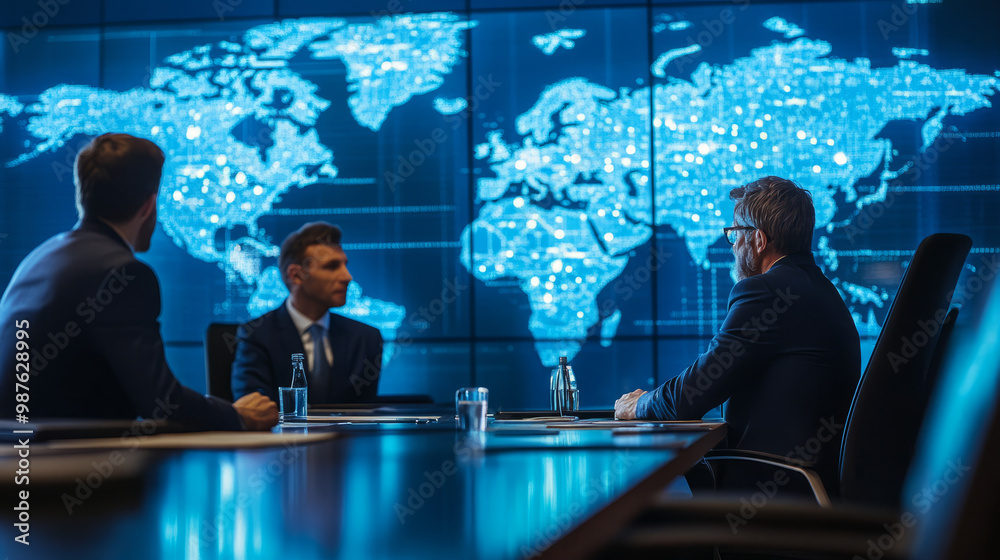 Executives in a boardroom analyzing the economic impact of geopolitical events on global markets Executives in a boardroom analyzing the economic impact of geopolitical events on global markets