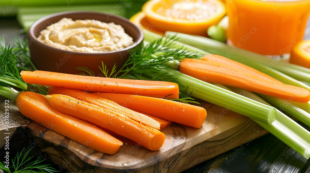 Carrot and Celery Sticks with Hummus Dip Healthy Snack