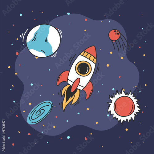 Space ship rocket launch spaceship on moon line art style concept. Vector graphic design illustration