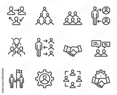 Business people boss employee team working together. Business success teamwork concept. Flat lined thin isolated icon set