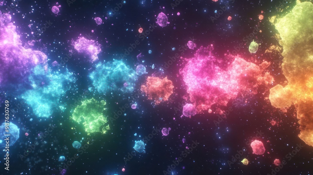 A vibrant cosmic scene filled with colorful nebulas and glowing particles in space.