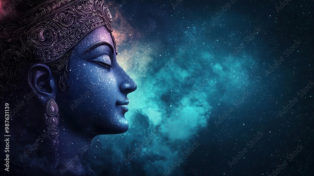 Vishnu depicted in modern art style, blending traditional divine imagery with futuristic cosmic symbolism, Vishnu avatars, modern divine, cosmic Vishnu depicted in modern art style, blending traditional divine imagery with futuristic cosmic symbolism, Vishnu avatars, modern divine, cosmic
