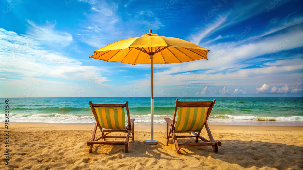Relax on beach with two striped lounge chairs under bright yellow umbrella, enjoying serene ocean view and clear blue skies Relax on beach with two striped lounge chairs under bright yellow umbrella, enjoying serene ocean view and clear blue skies