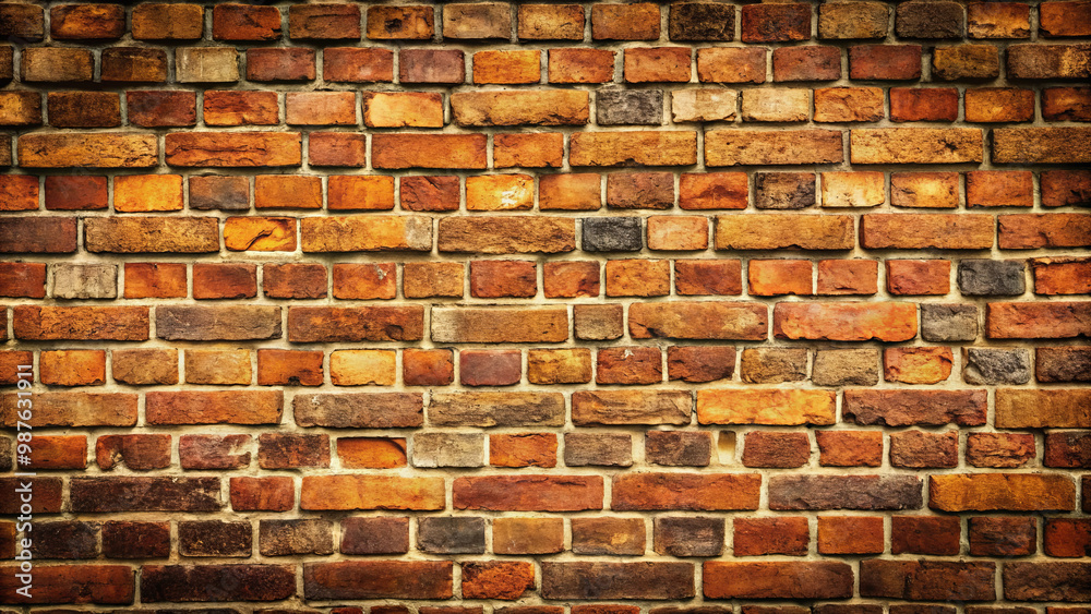 Obraz premium Old brick wall texture background featuring mix of warm tones and varying brick sizes, creating rustic and timeless feel. Perfect for design projects or as backdrop