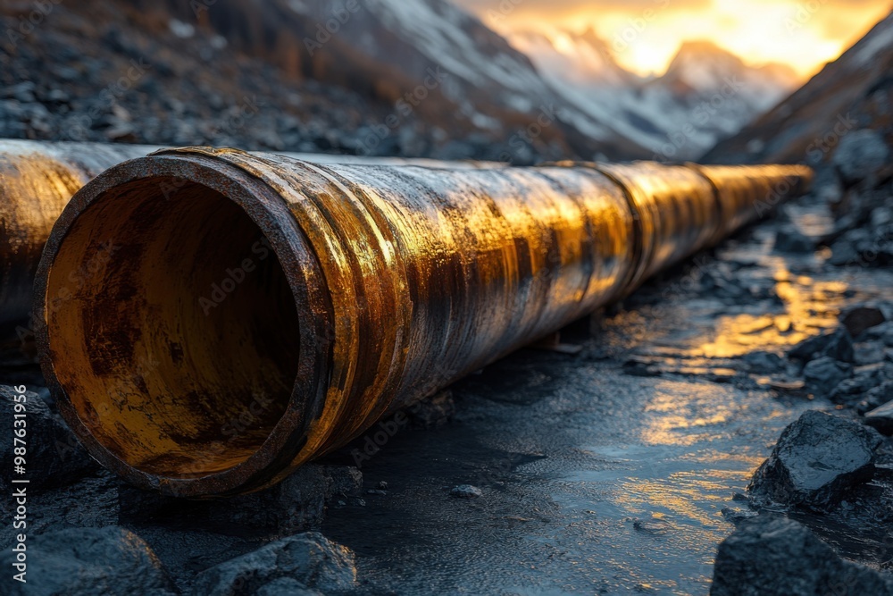 Fototapeta premium Rusty Pipeline Against the Mountain Sunset