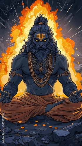 Vishnu in Narasimha form, sitting calmly after defeating the demon king, his divine aura radiating, Narasimha avatar, calm after fury, divinity photo