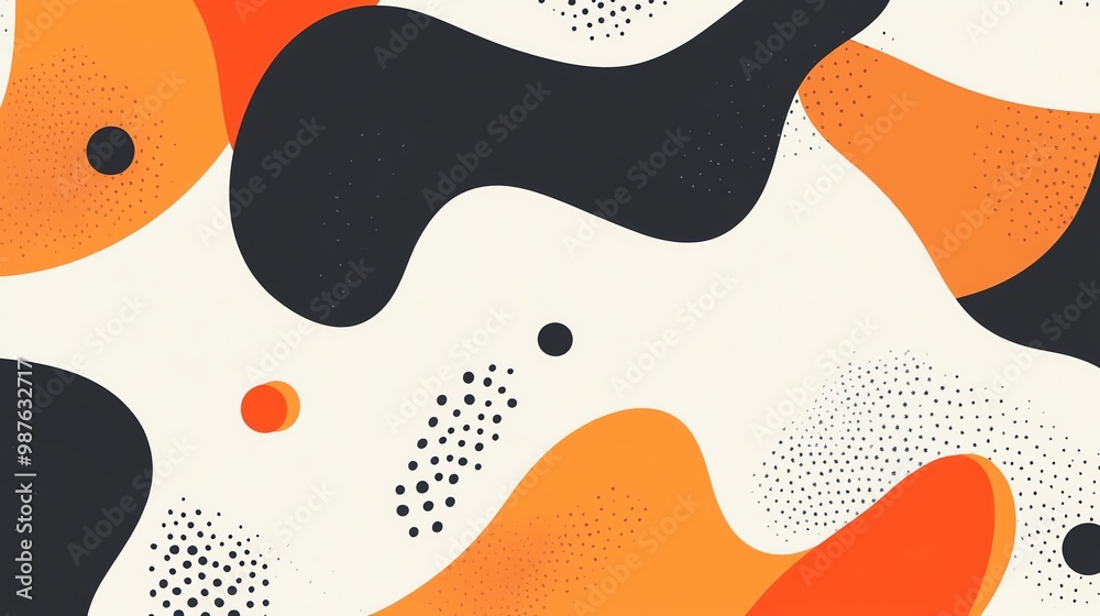 A vibrant and abstract background with a mix of geometric shapes and patterns in orange, black, and white.