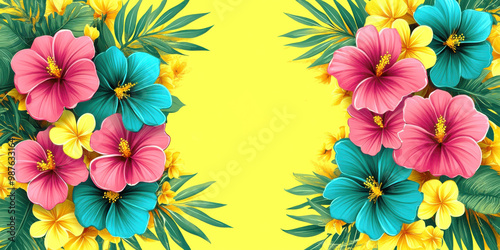 Tropical blossom frenzy: vibrant hibiscus and exotic foliage art