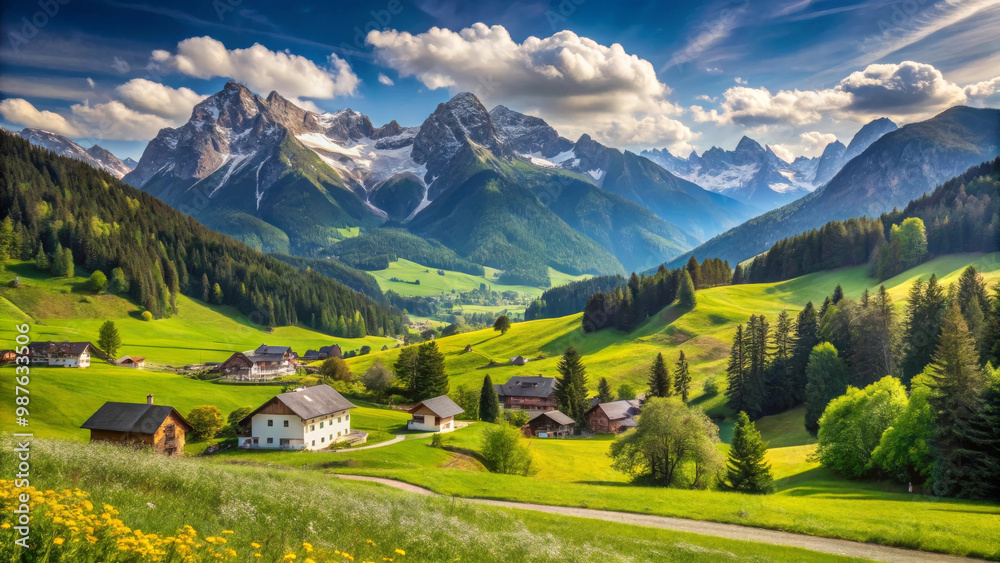 stunning alpine summer landscape in Austria showcases lush green meadows, charming houses, and majestic mountains under bright blue sky. scene evokes sense of tranquility and natural beauty
