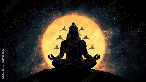 Vishnu seated in meditation, with his ten avatars hovering around him in a glowing cosmic circle, Vishnu avatars, cosmic meditation, divinity