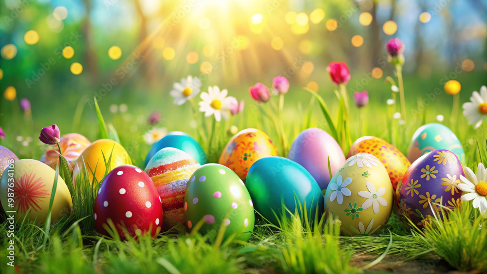 Colorful painted eggs are nestled among vibrant flowers and lush green grass, creating cheerful and festive Easter scene. sunlight adds warm glow, enhancing joyful atmosphere Colorful painted eggs are nestled among vibrant flowers and lush green grass, creating cheerful and festive Easter scene. sunlight adds warm glow, enhancing joyful atmosphere