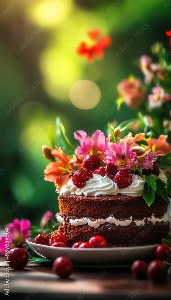 The cherry topped chocolate cake with creamy whipped cream The cherry topped chocolate cake with creamy whipped cream