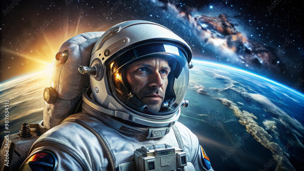 Astronaut in space suit gazes at Earth with cosmic backdrop, capturing wonder of space exploration and beauty of our planet Astronaut in space suit gazes at Earth with cosmic backdrop, capturing wonder of space exploration and beauty of our planet