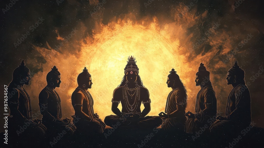 Fototapeta premium Vishnu surrounded by his ten avatars, each glowing with divine light, symbolizing different ages of the world, Vishnu avatars, Dashavatara, divine