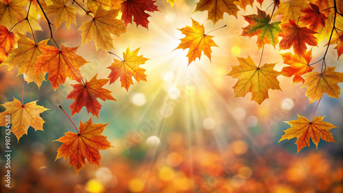 Autumn leaves create vibrant scene filled with warm colors and soft sunlight, evoking sense of tranquility and beauty in nature
