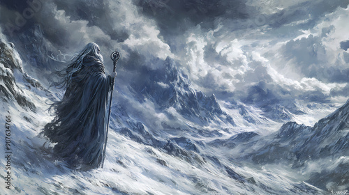 Myth of the cailleach a winter hag of celtic mythology stormy skies snowcovered mountains ancient crone wielding power over the seasons. Celtic Mythology. Illustration photo