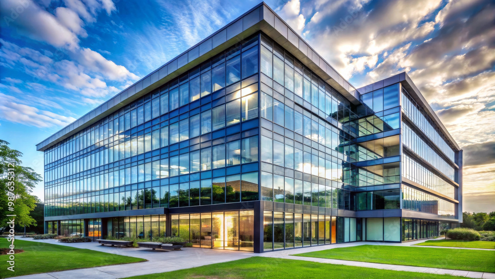 Fototapeta premium Modern office building with large glass windows reflecting sky and surrounding greenery, showcasing contemporary architectural design. vibrant atmosphere enhances workspaces appeal
