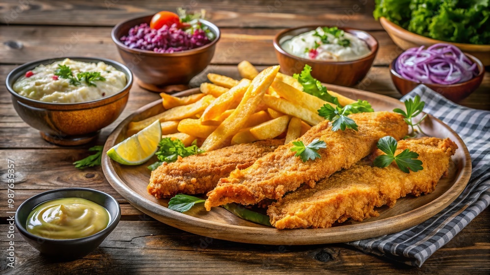 Crispy Fried Catfish Dinner Served with Coleslaw and Fries on a Rustic Wooden Table Setting Crispy Fried Catfish Dinner Served with Coleslaw and Fries on a Rustic Wooden Table Setting