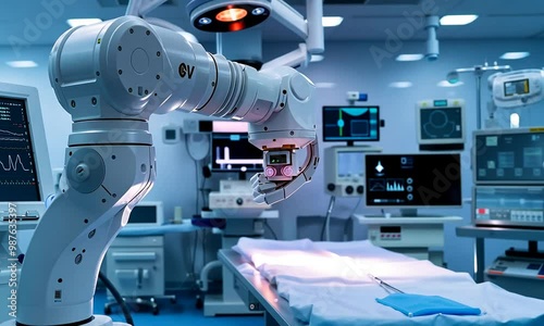 Advanced surgical suite with robotic arm and blue light filter, modern operating room.