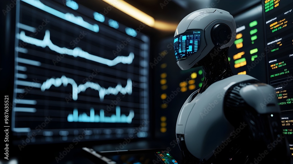 Robot monitoring trades and financial data through a futuristic holographic interface in a darkened trading room Robot monitoring trades and financial data through a futuristic holographic interface in a darkened trading room