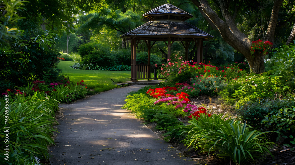Serene Garden Path Leading to a Wooden Gazebo Serene Garden Path Leading to a Wooden Gazebo